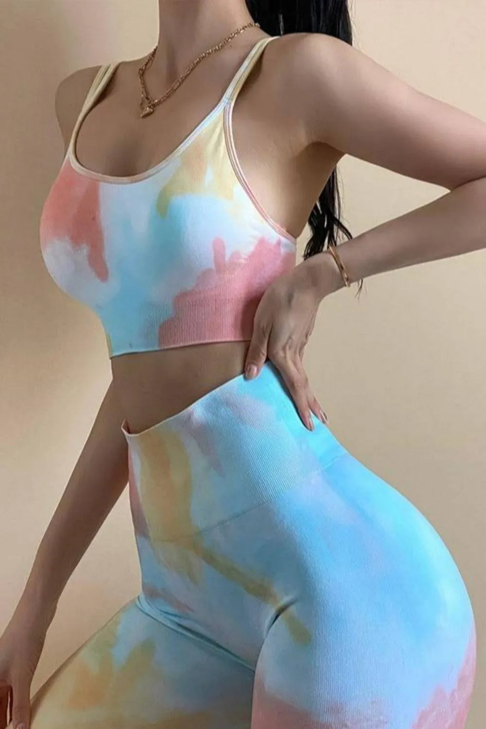 Seamless Tie Dye Gym Workout Yoga Leggings 2 Piece Set