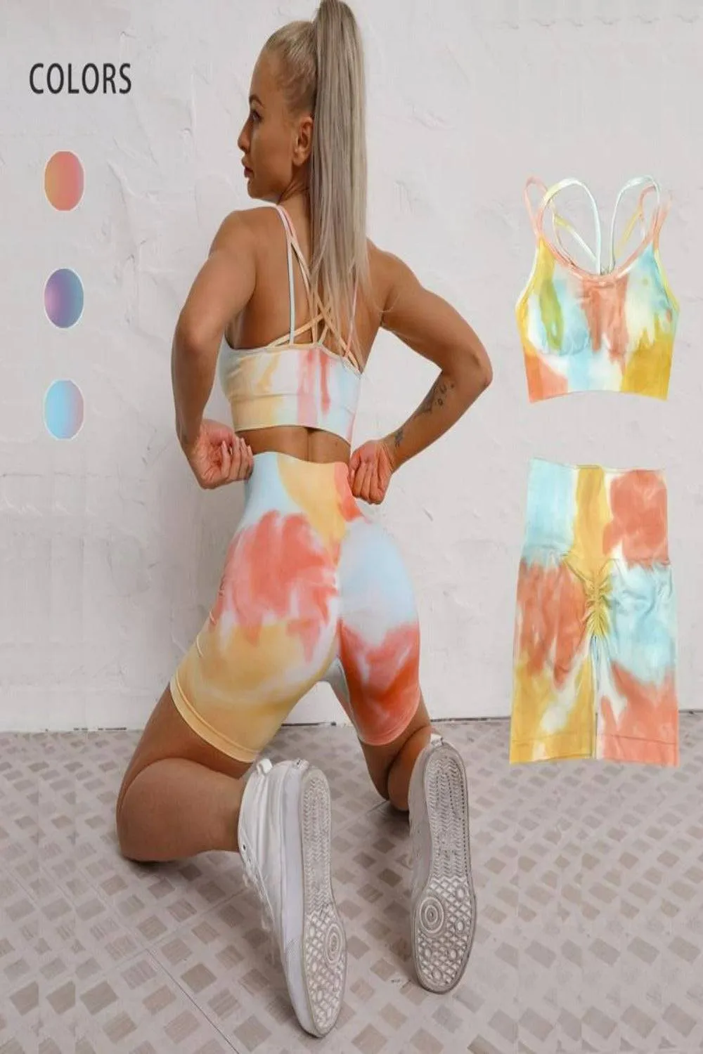 Seamless Tie Dye Gym Workout Yoga Leggings 2 Piece Set
