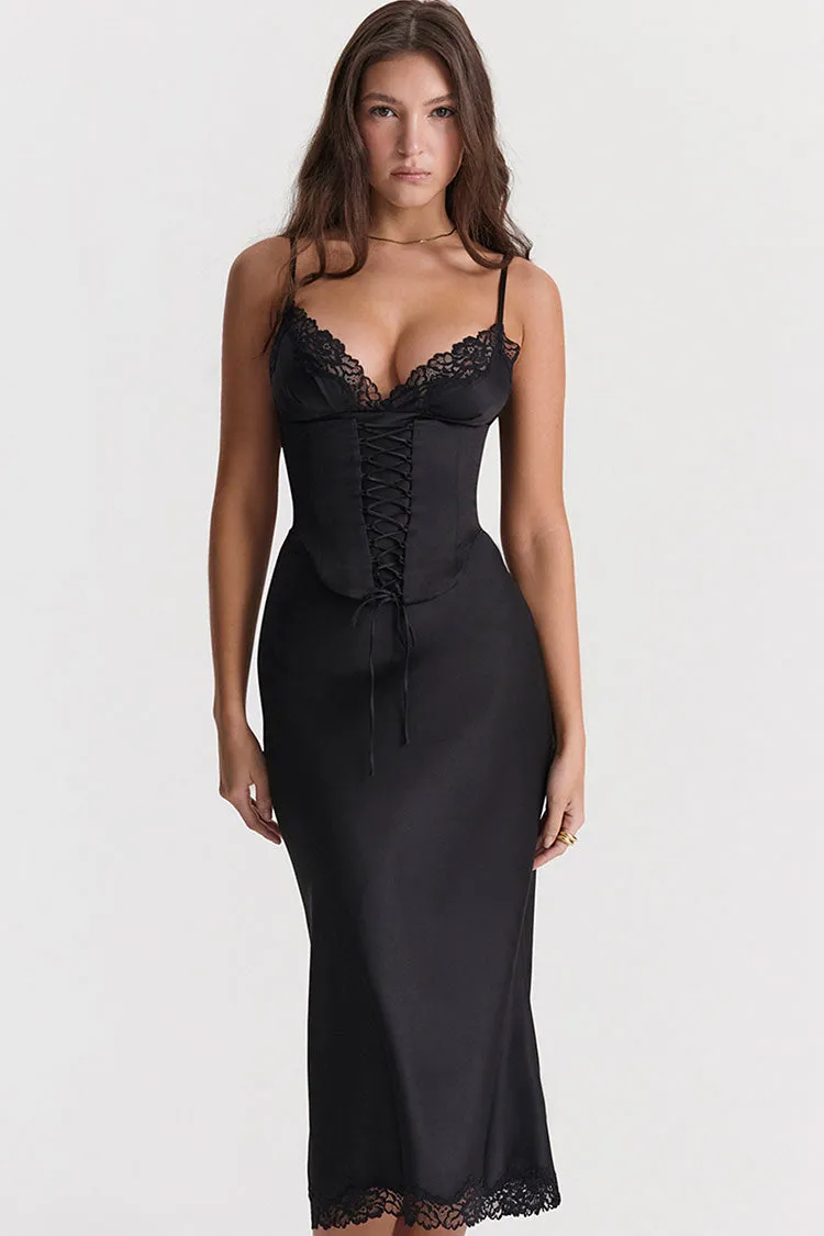 Sexy Party Lace Up Belt V Neck Lace Satin Slip Midi Dress - Black