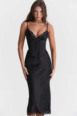 Sexy Party Lace Up Belt V Neck Lace Satin Slip Midi Dress - Black