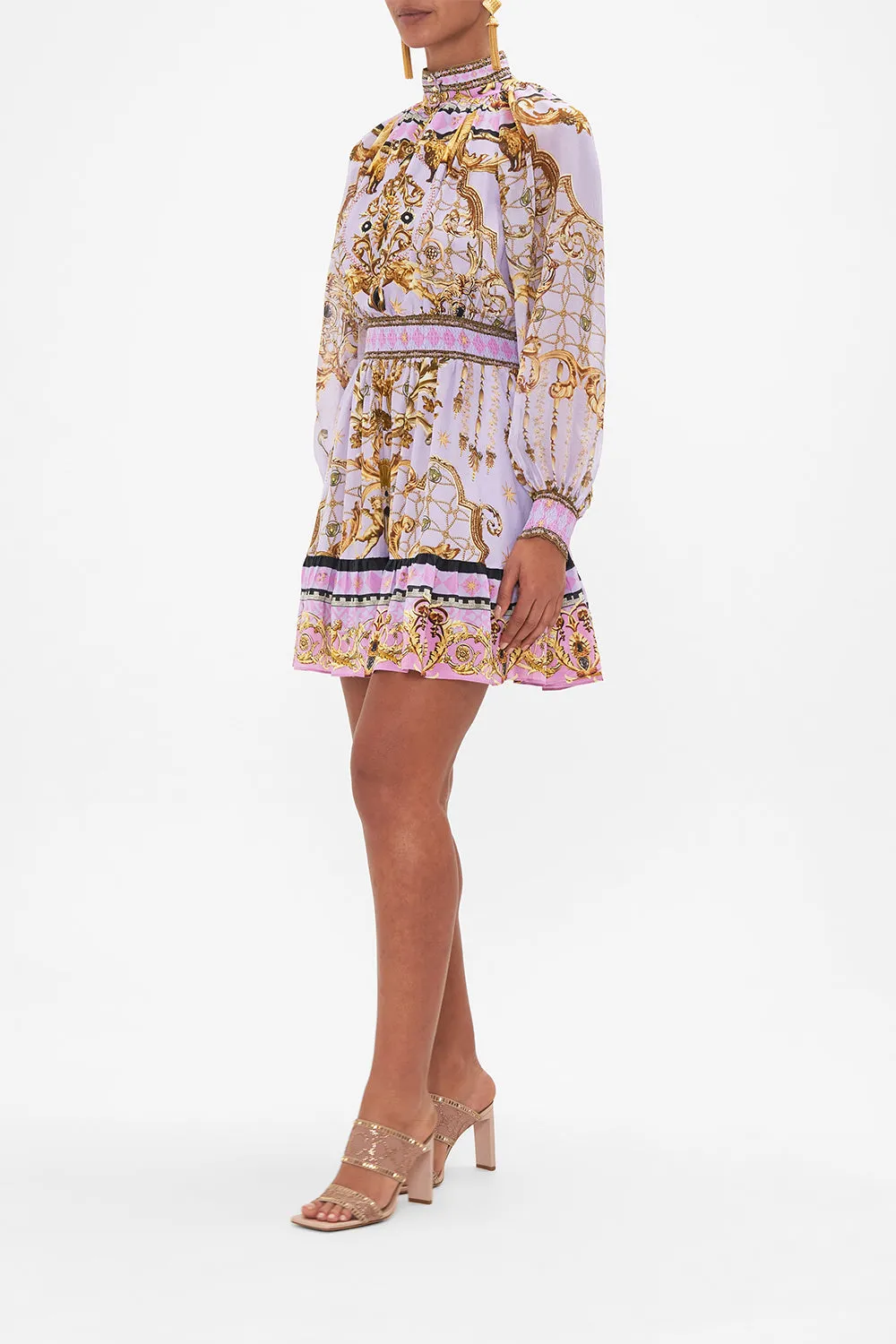 SHIRRED WAIST HIGH NECK MINI DRESS LAVENDER EVER AFTER