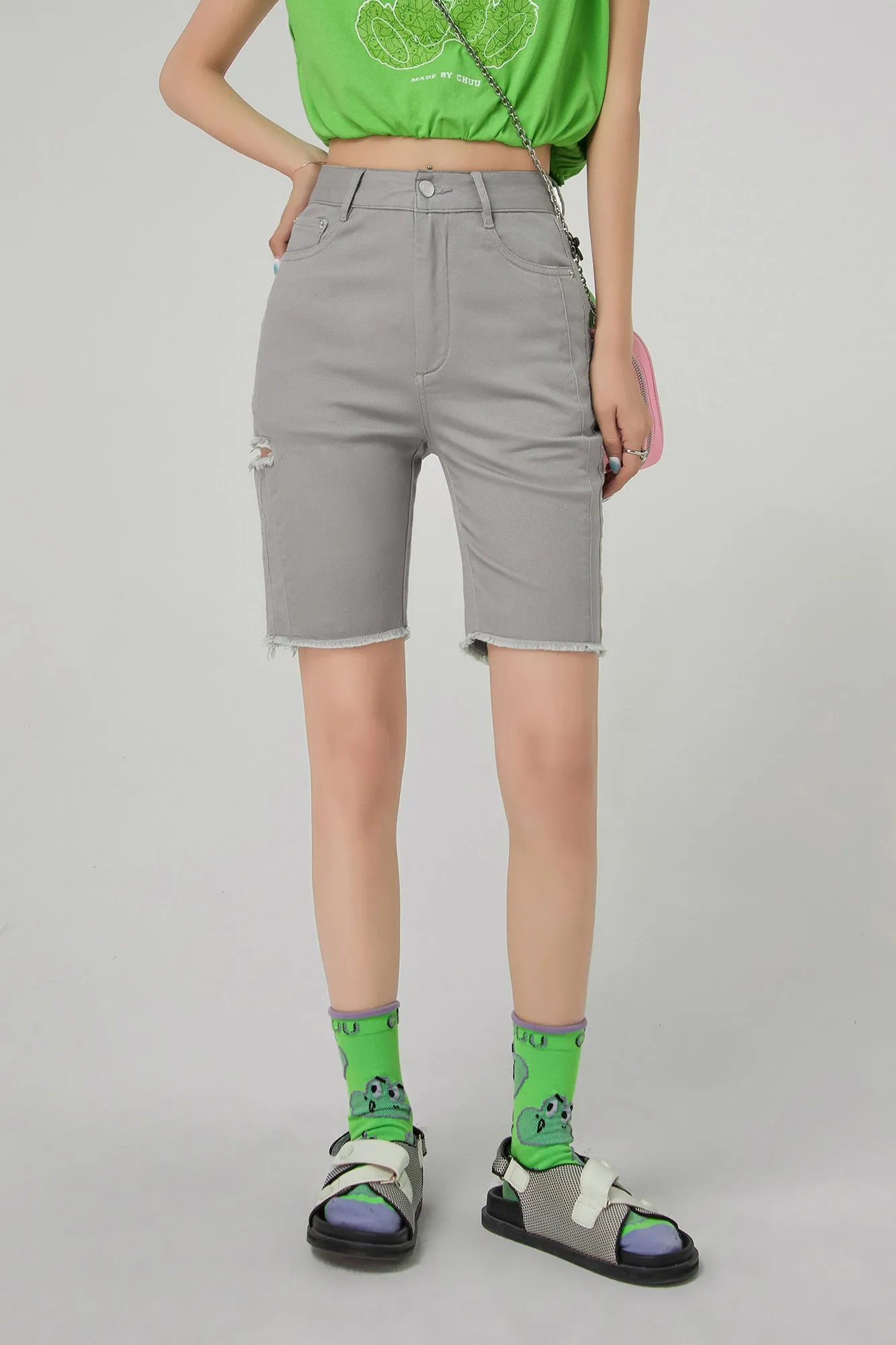 Side Cutout Denim Bermuda Shorts
