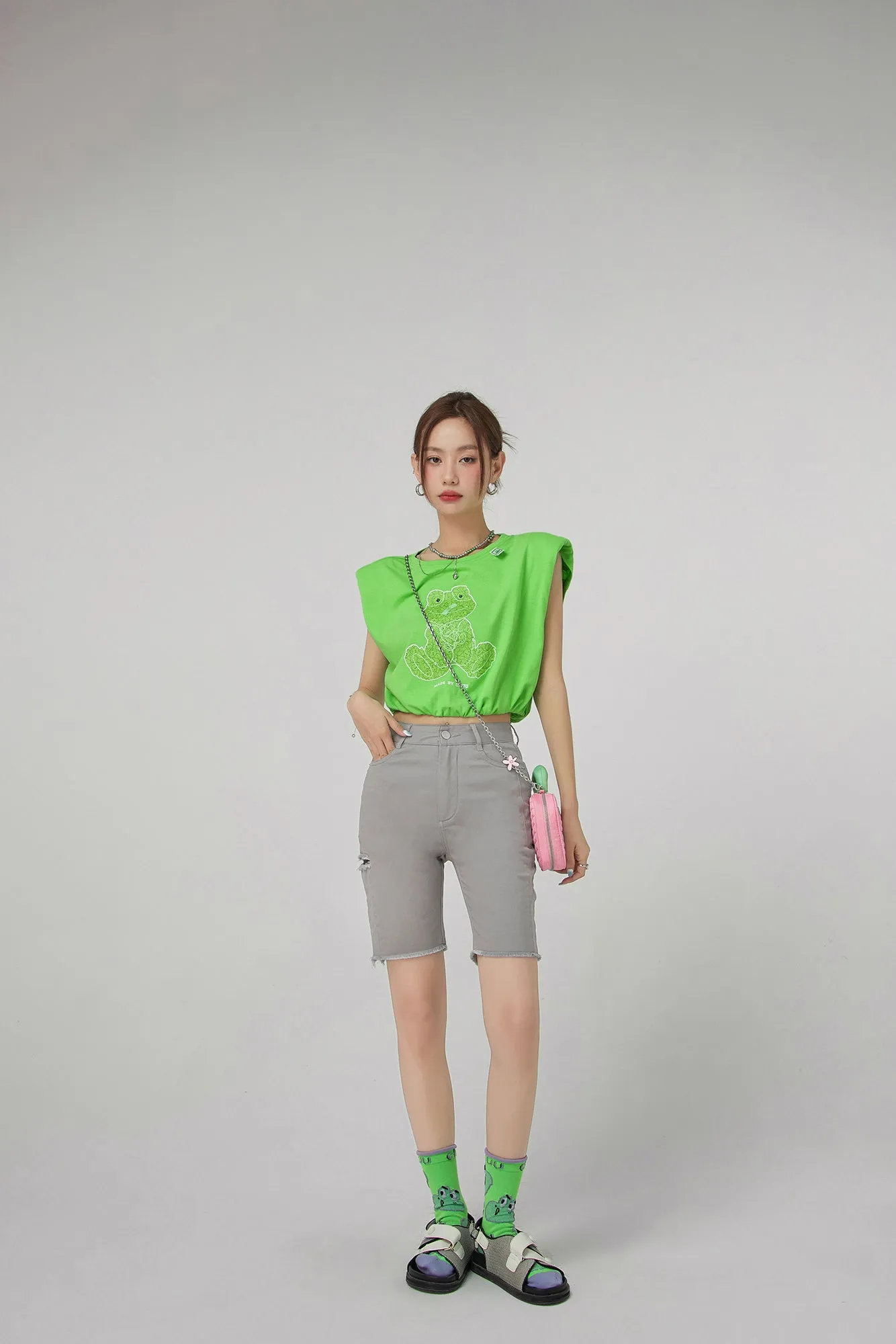 Side Cutout Denim Bermuda Shorts