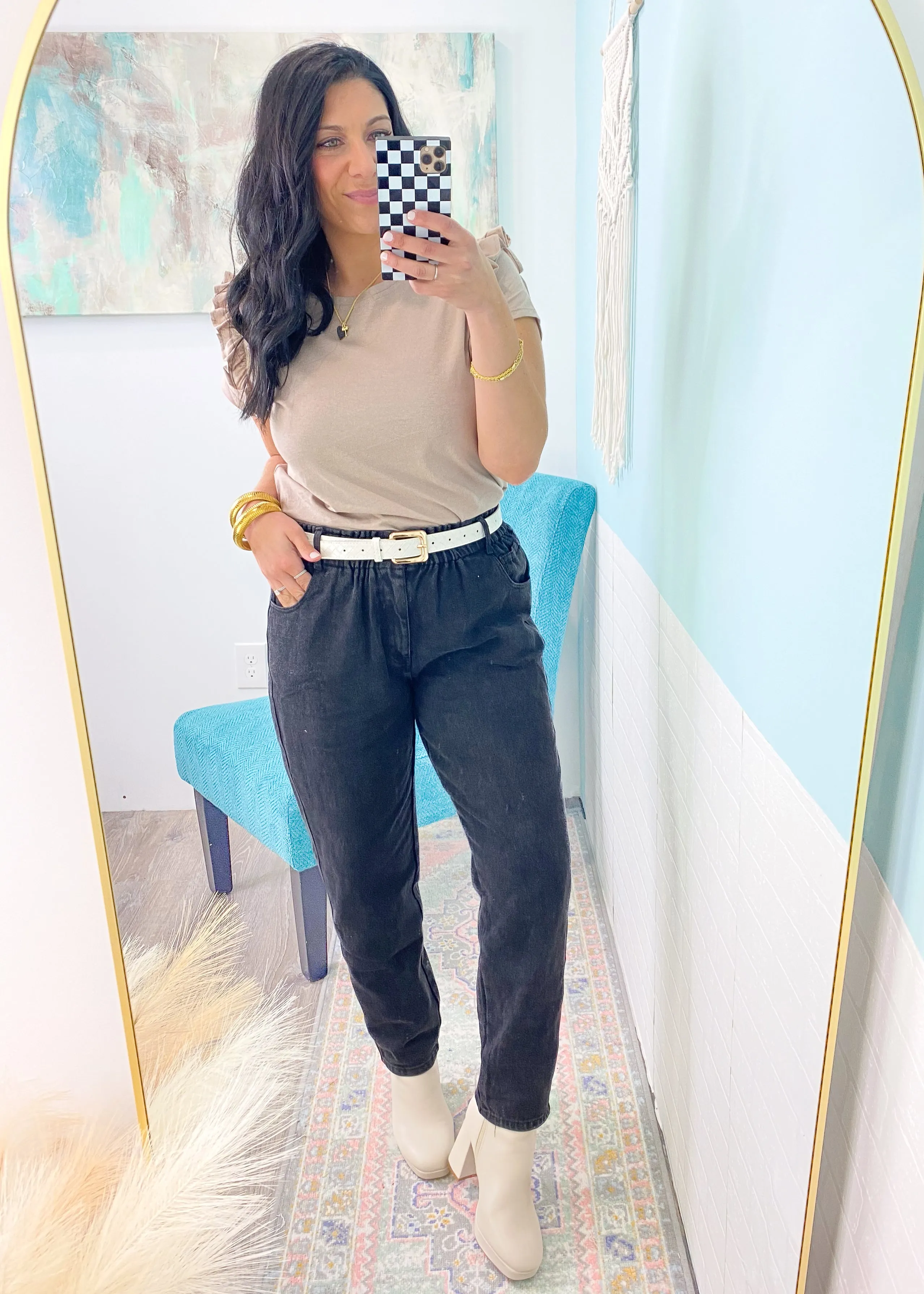 'Stand in Line' Black Stretch Twill Elastic Waist Pants