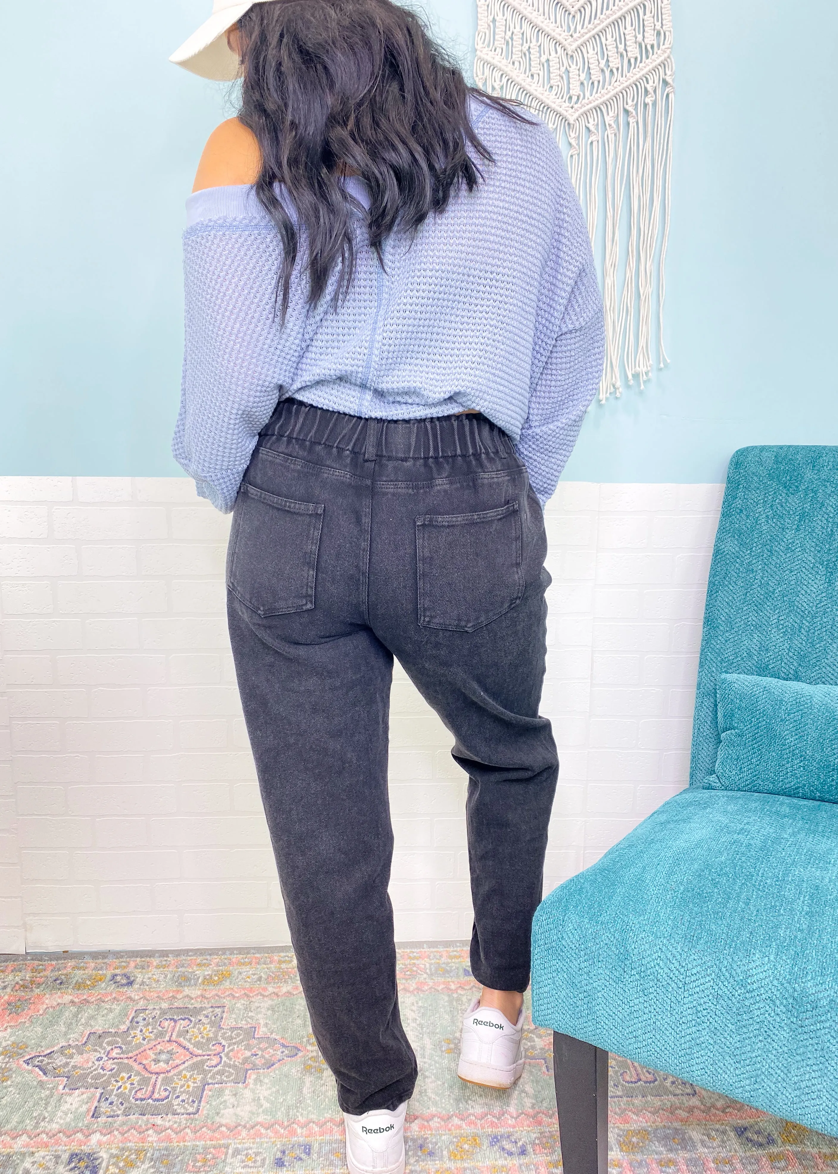 'Stand in Line' Black Stretch Twill Elastic Waist Pants