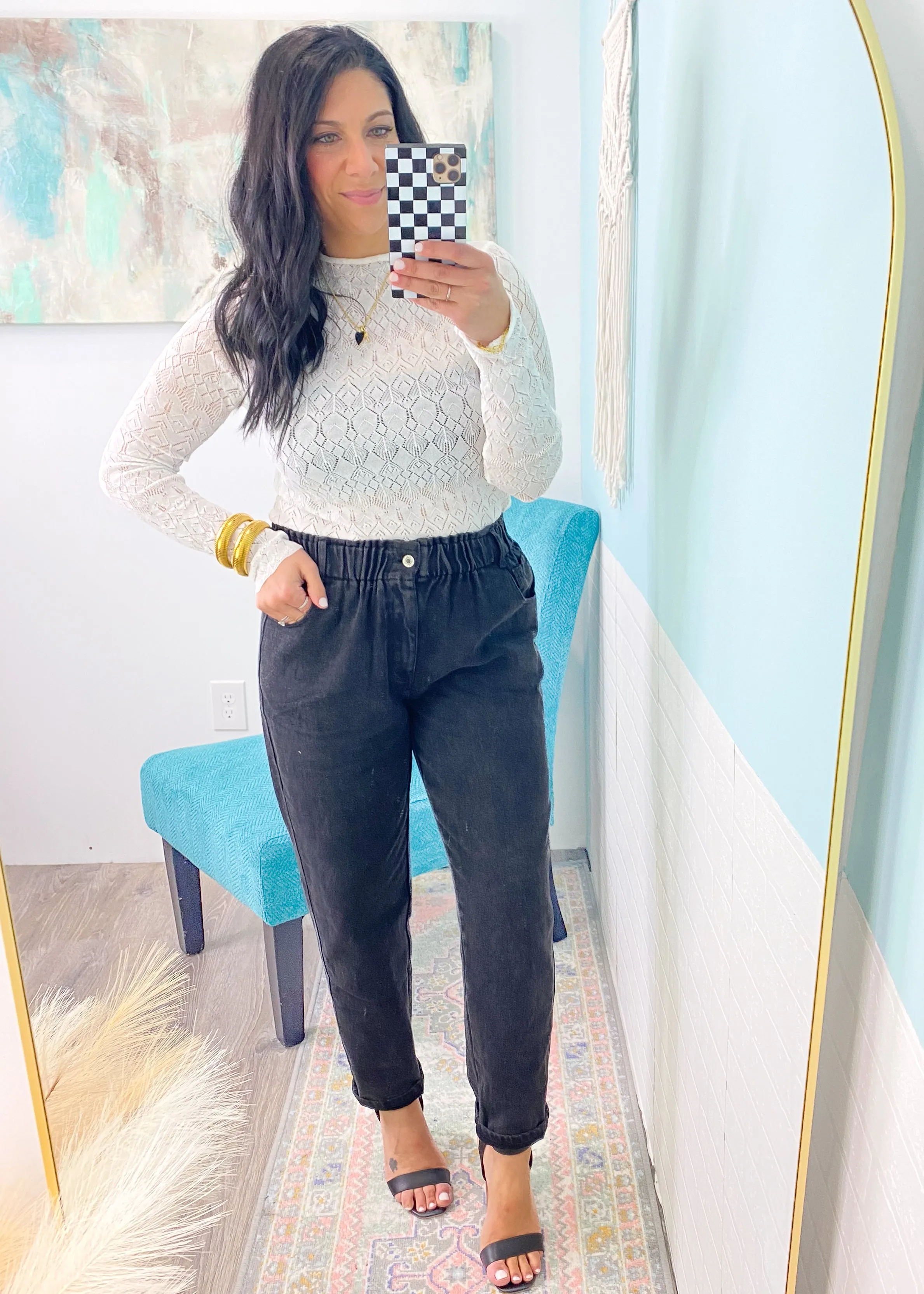 'Stand in Line' Black Stretch Twill Elastic Waist Pants