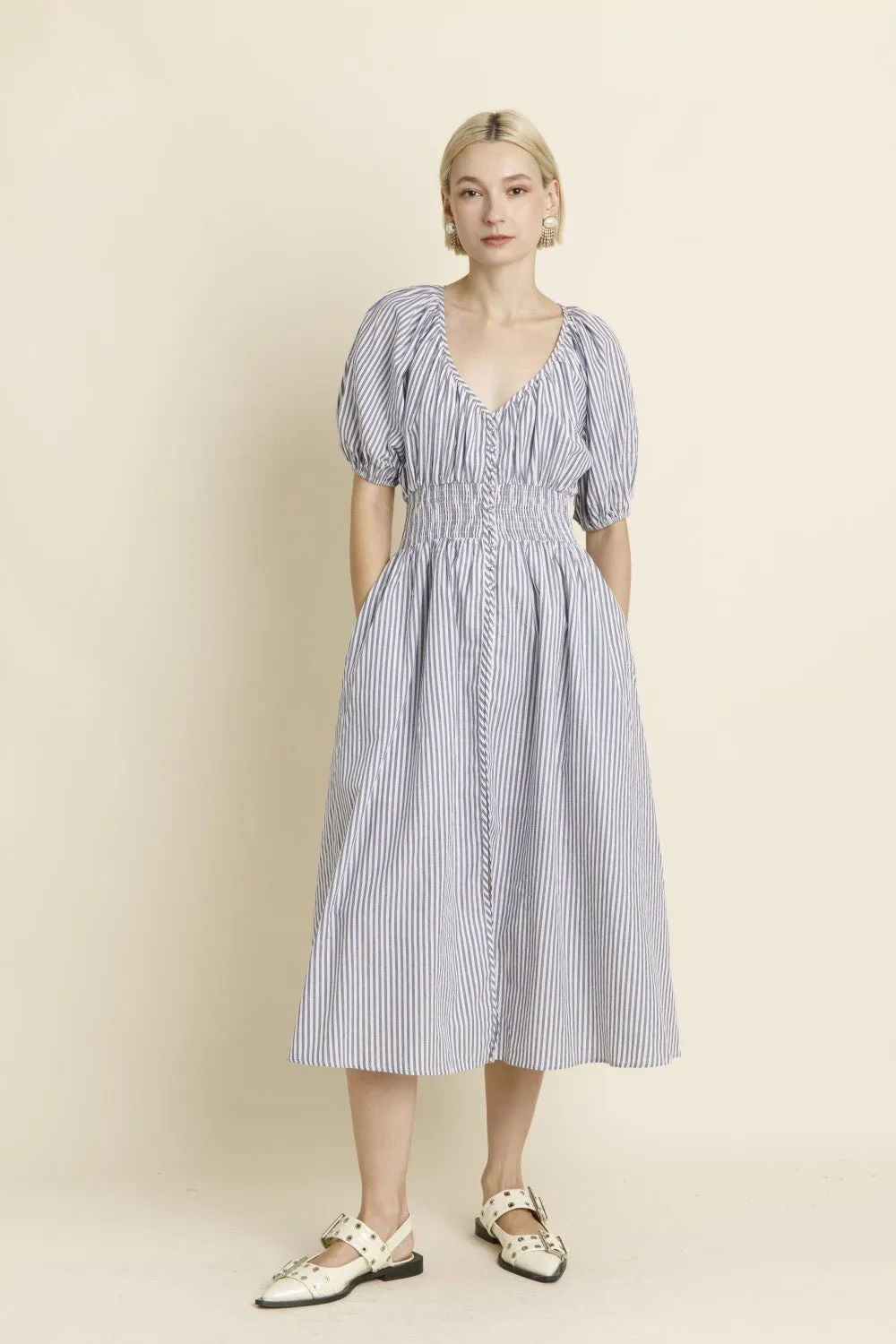 STRIPED BUTTON DOWN MIDI DRESS