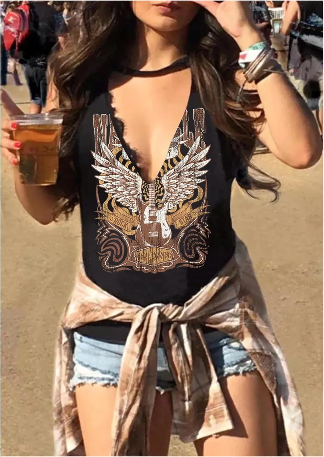 Summer Deep V Neck Tank Tops for Women Western Country Sleeveless Tee Shirts Teen Girls Sexy Casual Concert Tops Outfits