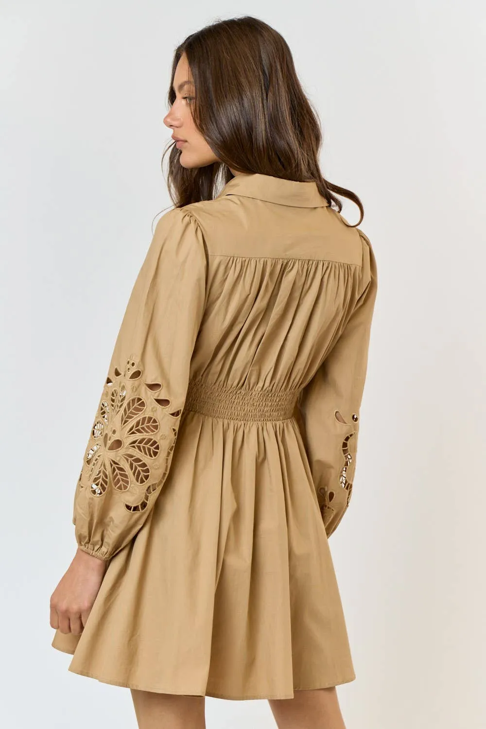 TAN BUTTON UP FLARED MINI DRESS