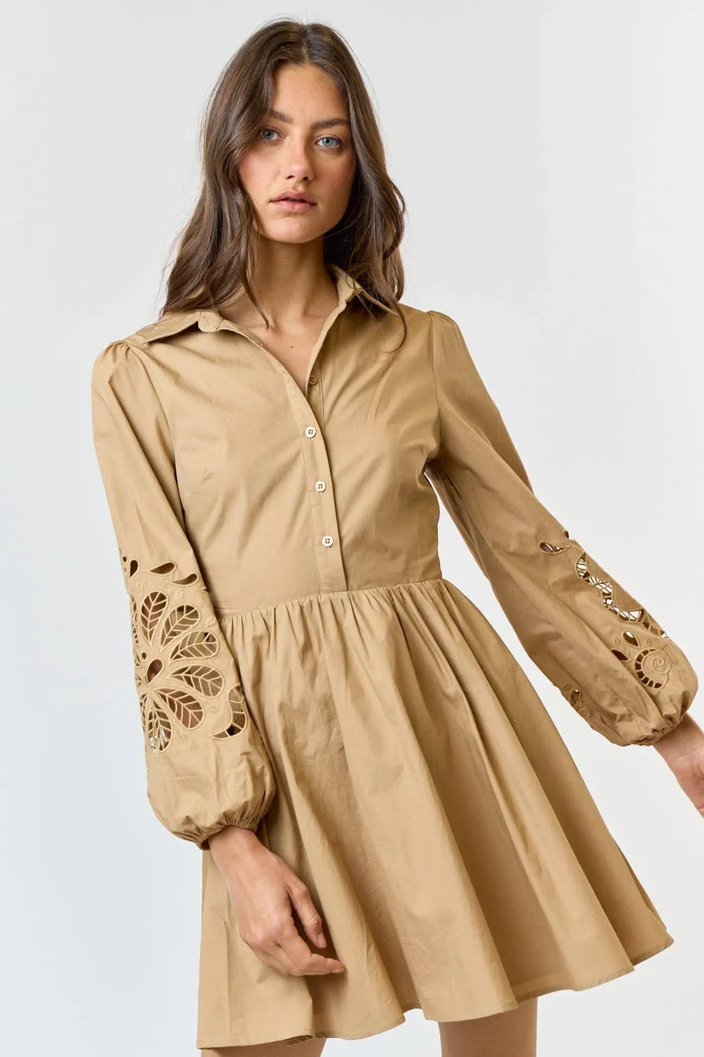TAN BUTTON UP FLARED MINI DRESS