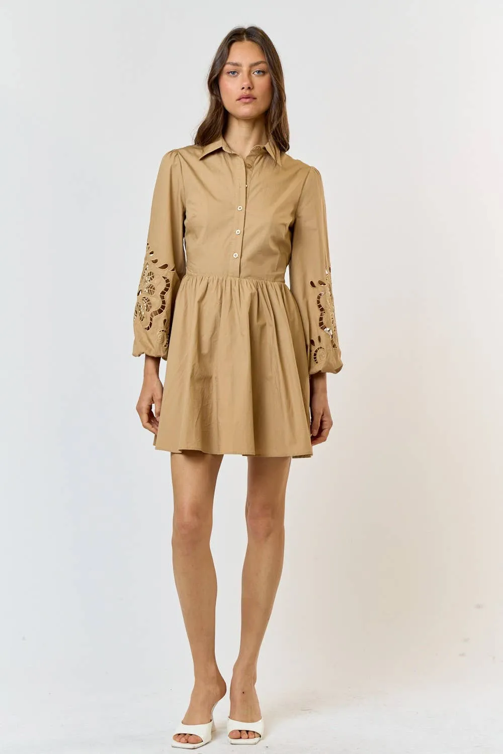 TAN BUTTON UP FLARED MINI DRESS