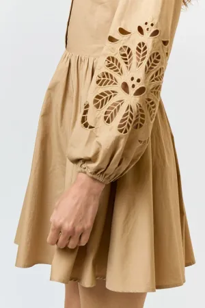 TAN BUTTON UP FLARED MINI DRESS