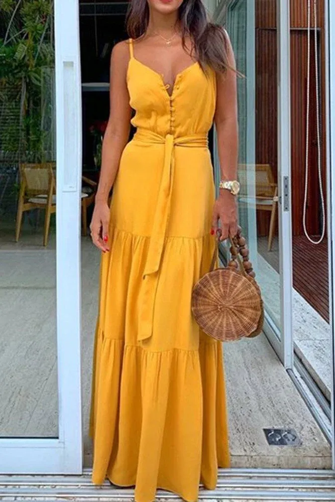 TastyHottie - Spaghetti Strap Button Bandage Long Maxi Dress