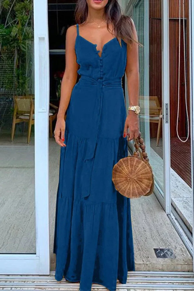 TastyHottie - Spaghetti Strap Button Bandage Long Maxi Dress