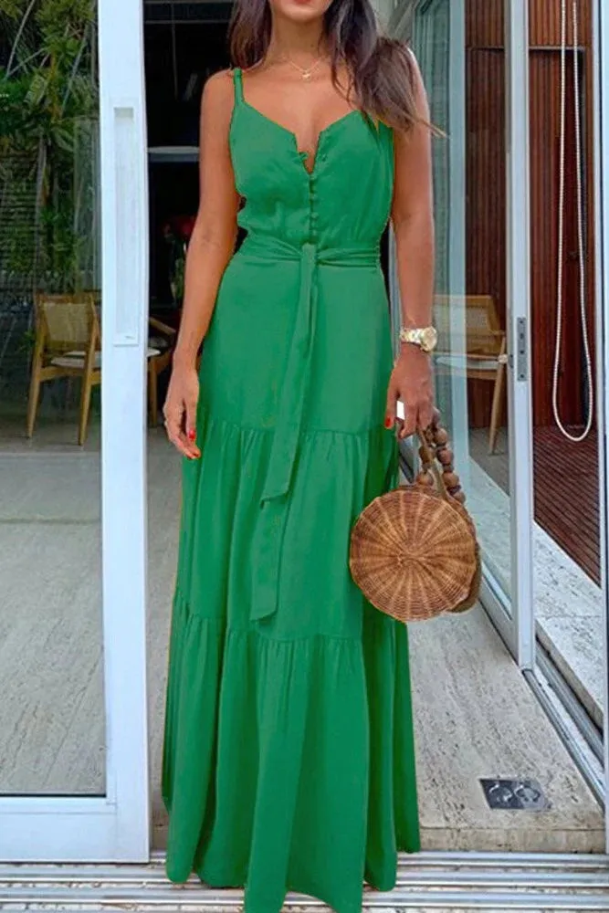 TastyHottie - Spaghetti Strap Button Bandage Long Maxi Dress
