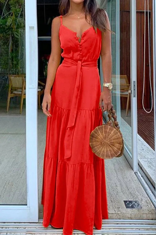 TastyHottie - Spaghetti Strap Button Bandage Long Maxi Dress