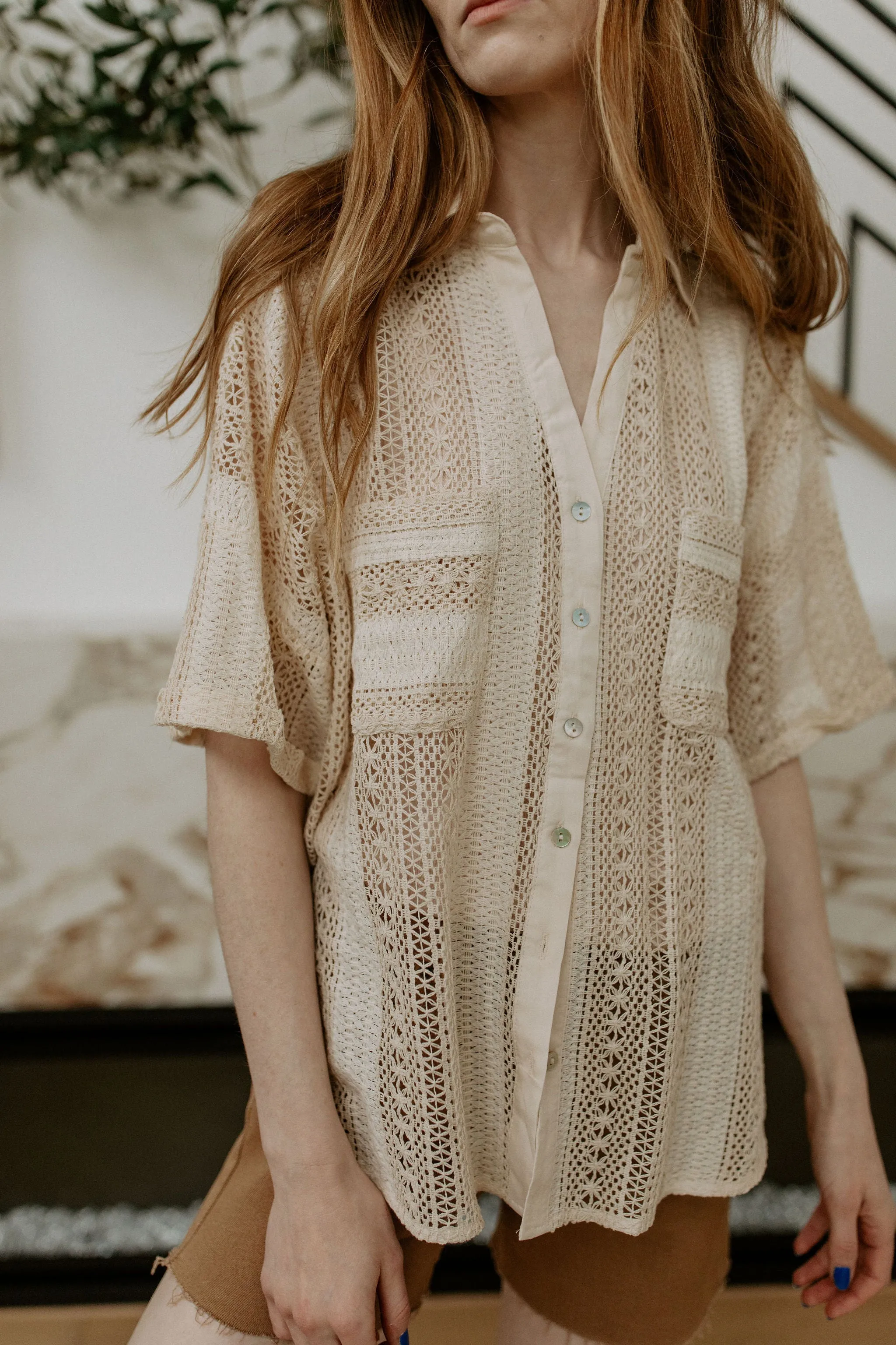 The Cavalleri Short Sleeve Crochet Button Down - Natural