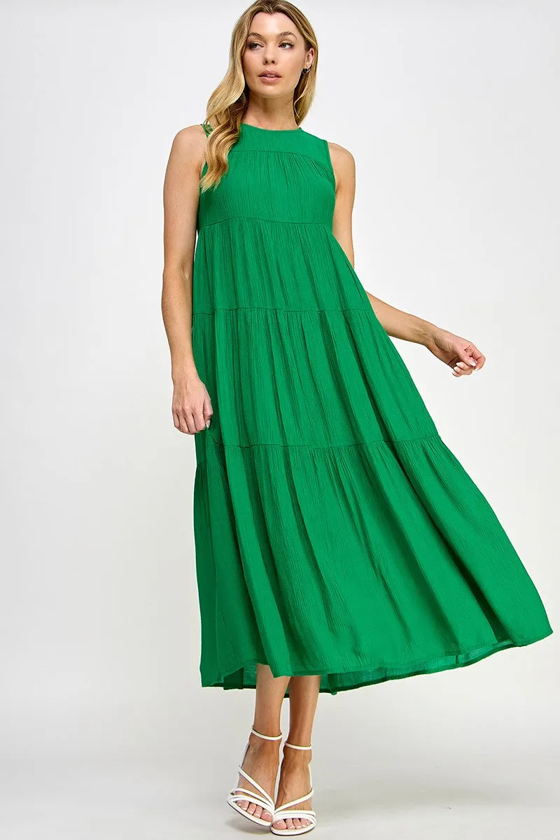 Tiered Sleeveless Solid Color Midi Dress