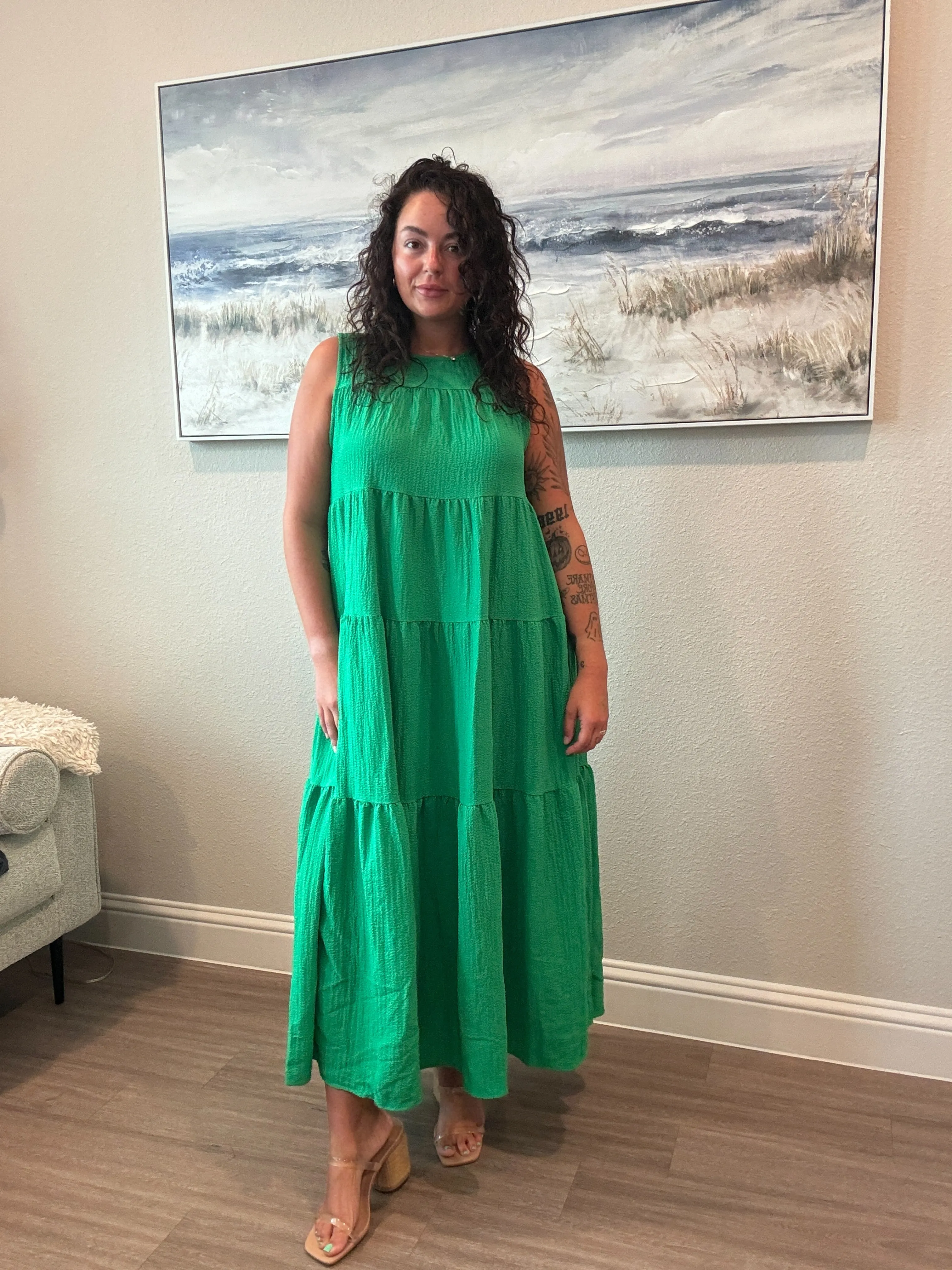 Tiered Sleeveless Solid Color Midi Dress