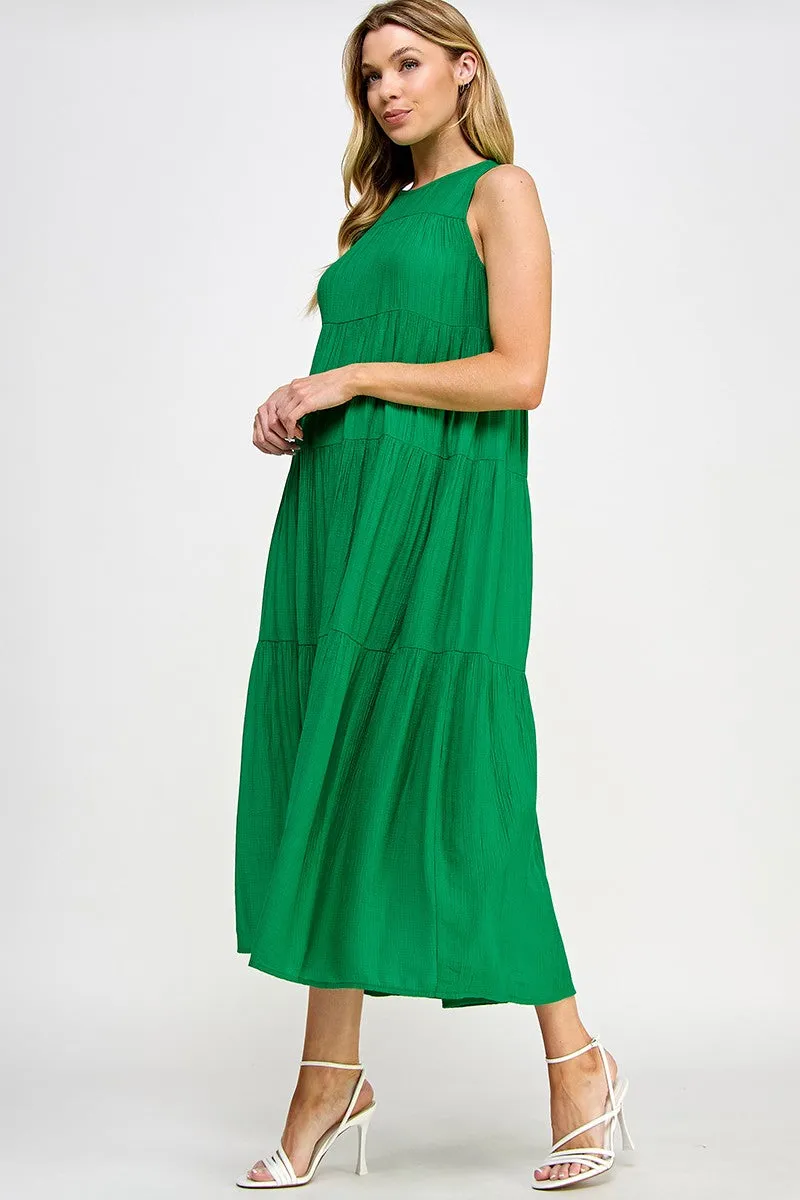 Tiered Sleeveless Solid Color Midi Dress