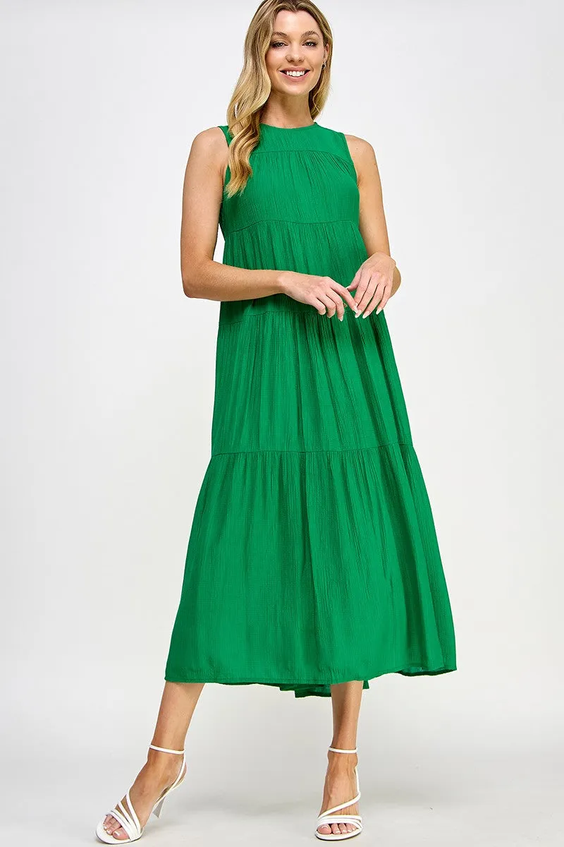 Tiered Sleeveless Solid Color Midi Dress