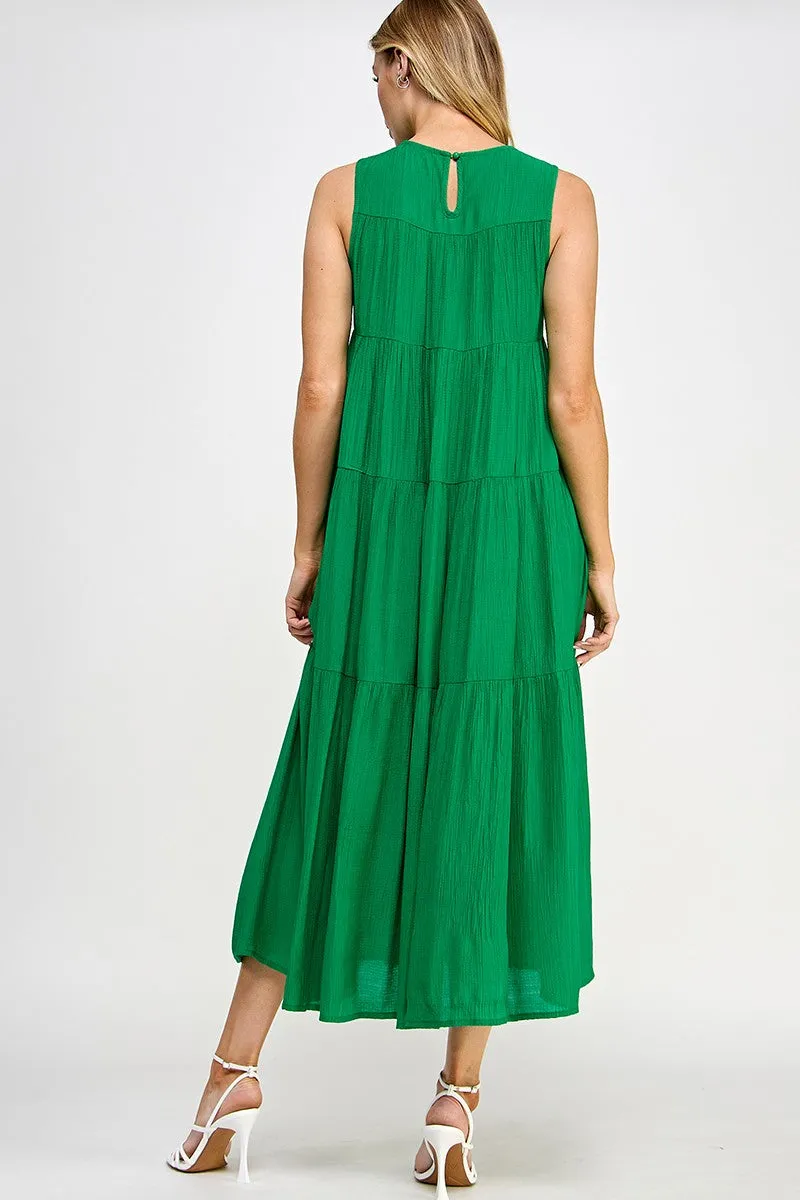 Tiered Sleeveless Solid Color Midi Dress