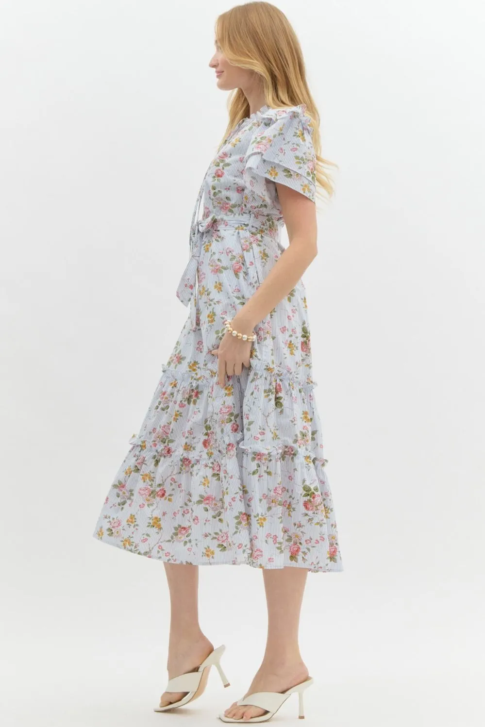 Vintage Floral Ruffle Midi Dress