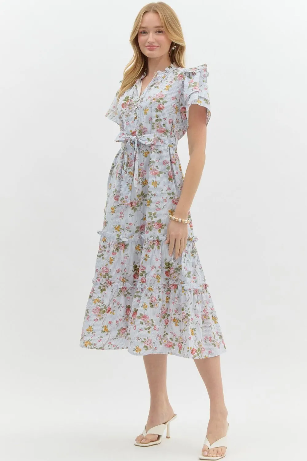 Vintage Floral Ruffle Midi Dress