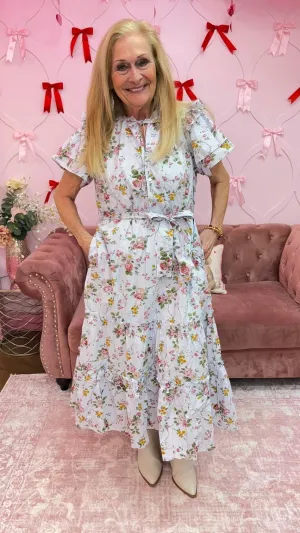 Vintage Floral Ruffle Midi Dress