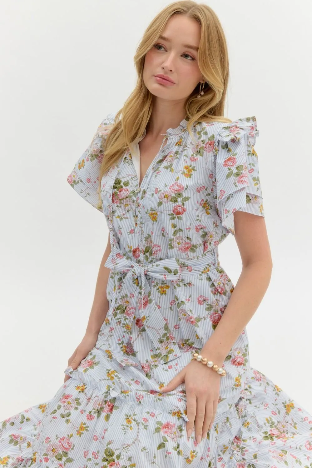 Vintage Floral Ruffle Midi Dress