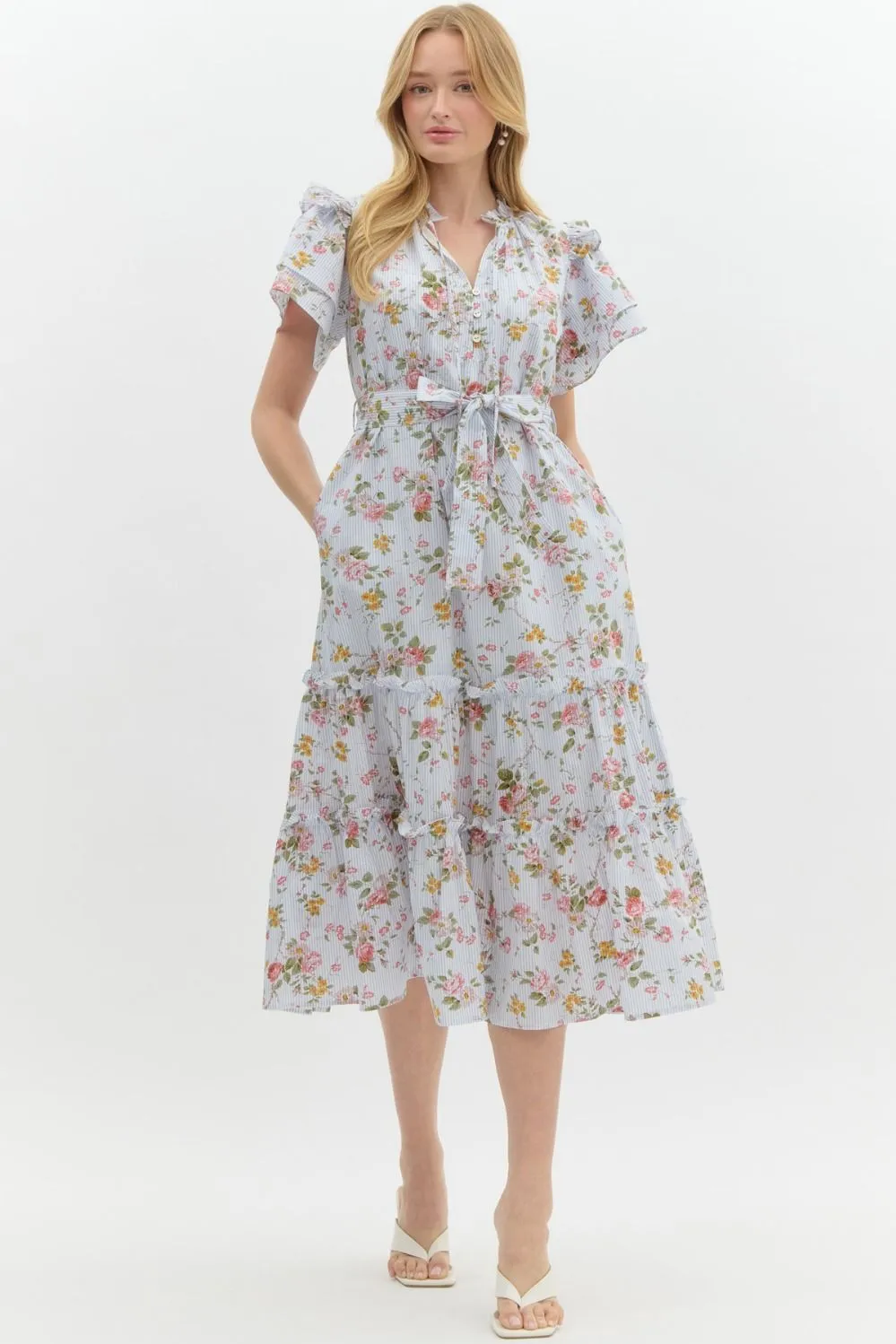 Vintage Floral Ruffle Midi Dress