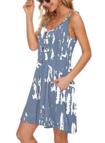 WNEEDU Women Summer Dress Sexy V Neck Button Down Floral Print Swing Mini Tunic Dress with Pockets (XL, Rose White)