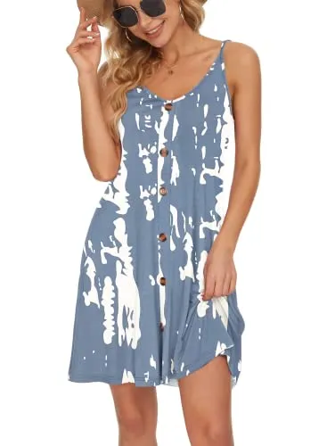 WNEEDU Women Summer Dress Sexy V Neck Button Down Floral Print Swing Mini Tunic Dress with Pockets (XL, Rose White)