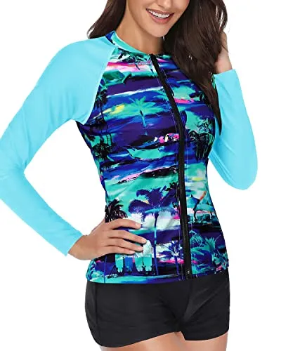 Women's UPF 50  Two Piece Bathing Suit Long Sleeve Zipper Rash Guard Swimsuit