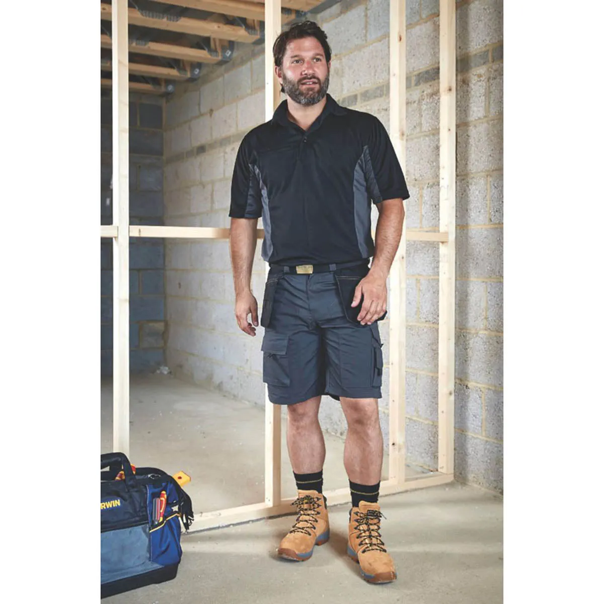 Work Shorts Mens Cargo Holster Pocket Breathable Grey / Black Lightweight 34" W